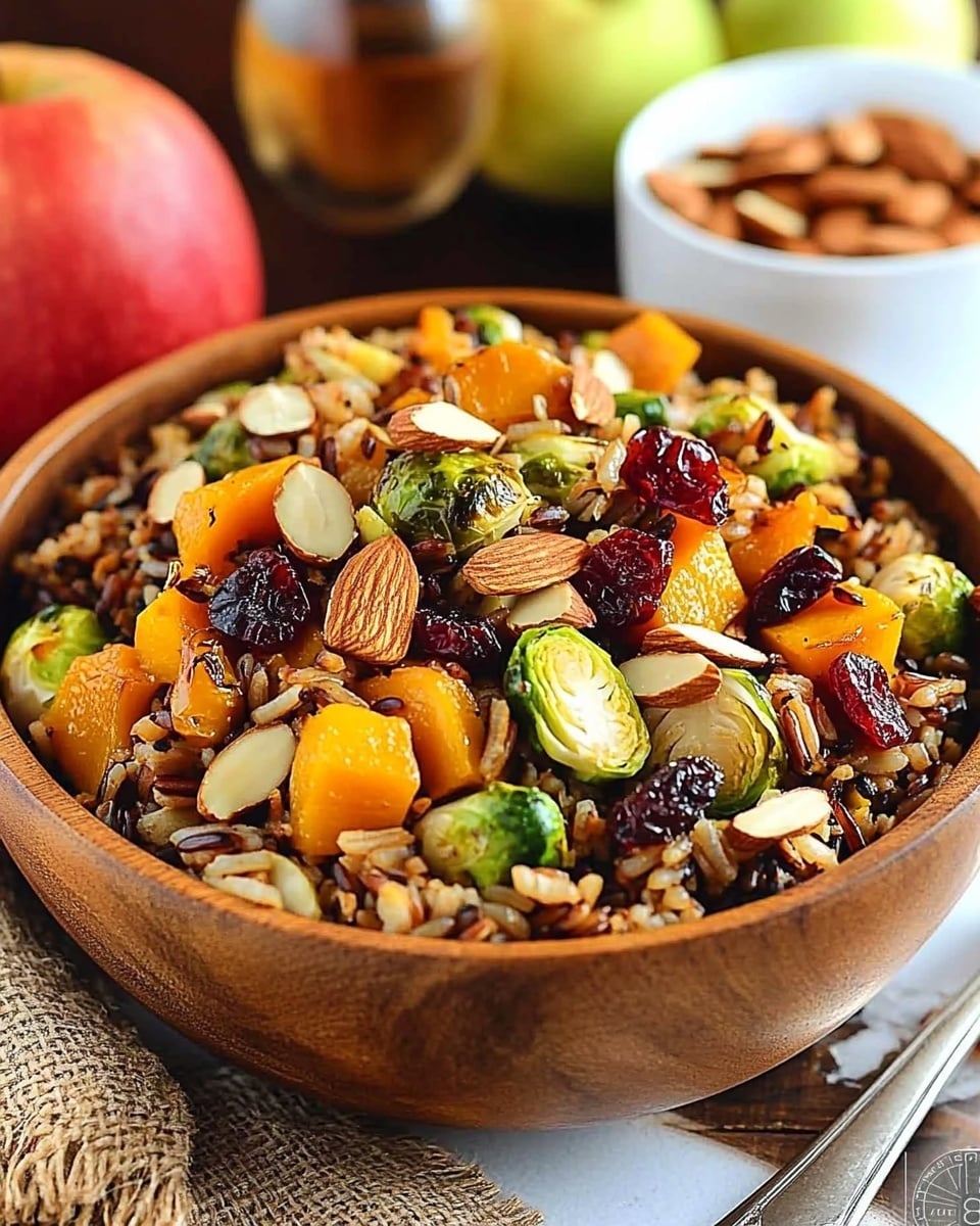 A wooden bowl filled with a colorful mixed salad sits on a rough fabric and a red cloth, placed on a wooden surface. The salad contains about five layers: a base layer of wild rice mixed with grains in dark brown and beige, topped with small, bright orange roasted squash cubes, green halved Brussels sprouts, chunks of red apple pieces with skin, white slivered almonds, and scattered dried cranberries. In the background, a white bowl holds the same salad, and a clear glass of water sits next to it. Two red apples and a few almonds rest on the wooden surface nearby. The whole setting is on a white marbled texture. Photo taken with an iphone --ar 4:5 --v 6.1
