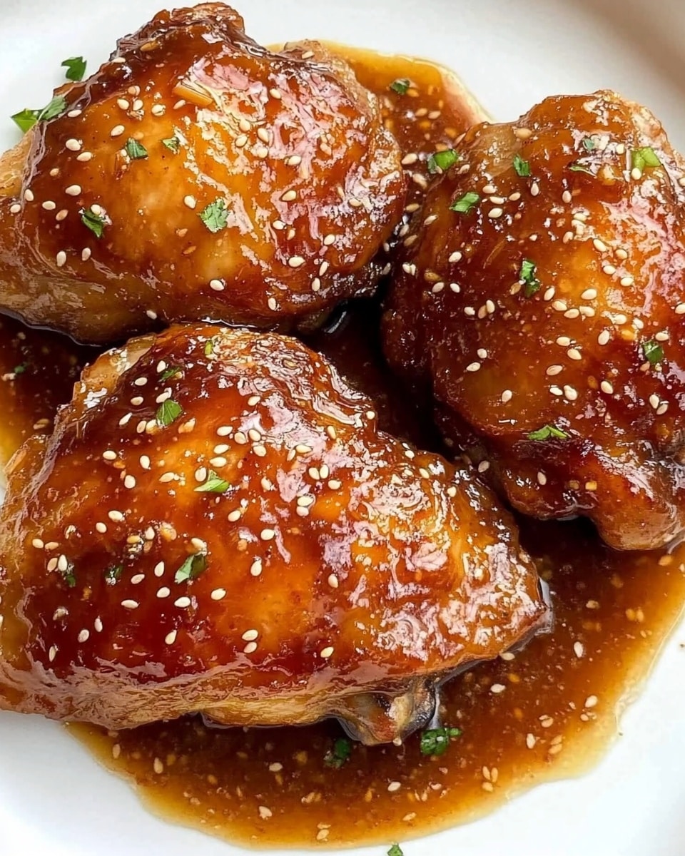 A white plate holds four pieces of glazed chicken thighs arranged close together, each piece covered with a shiny, thick orange-brown sauce that pools slightly on the plate. The chicken skin is crisp and golden-brown with visible texture, sprinkled with small white sesame seeds and chopped green herbs. The background is a white marbled surface. photo taken with an iphone --ar 4:5 --v 6.1