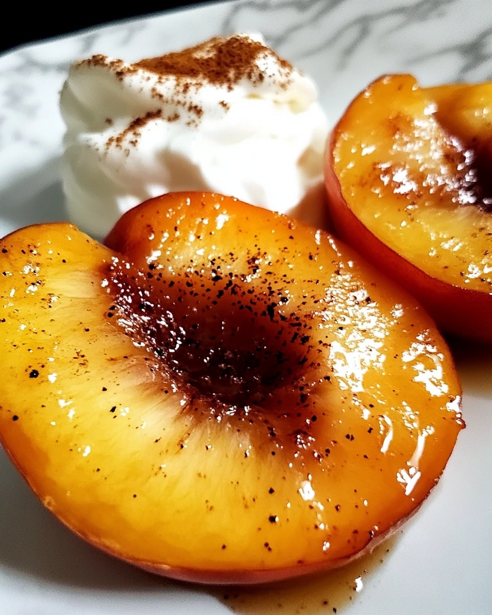 The image shows two bright orange apricot halves with a slightly shiny texture and some black pepper sprinkled on top, placed on a white bowl. Next to the apricots is a dollop of soft white cream with some small brown specks on it, giving a smooth and creamy look. A silver spoon with a bit of cream on it lies on the right side inside the bowl. The bowl is set on a white marbled surface, and a woman's hand is lightly holding the spoon. Photo taken with an iphone --ar 4:5 --v 6.1