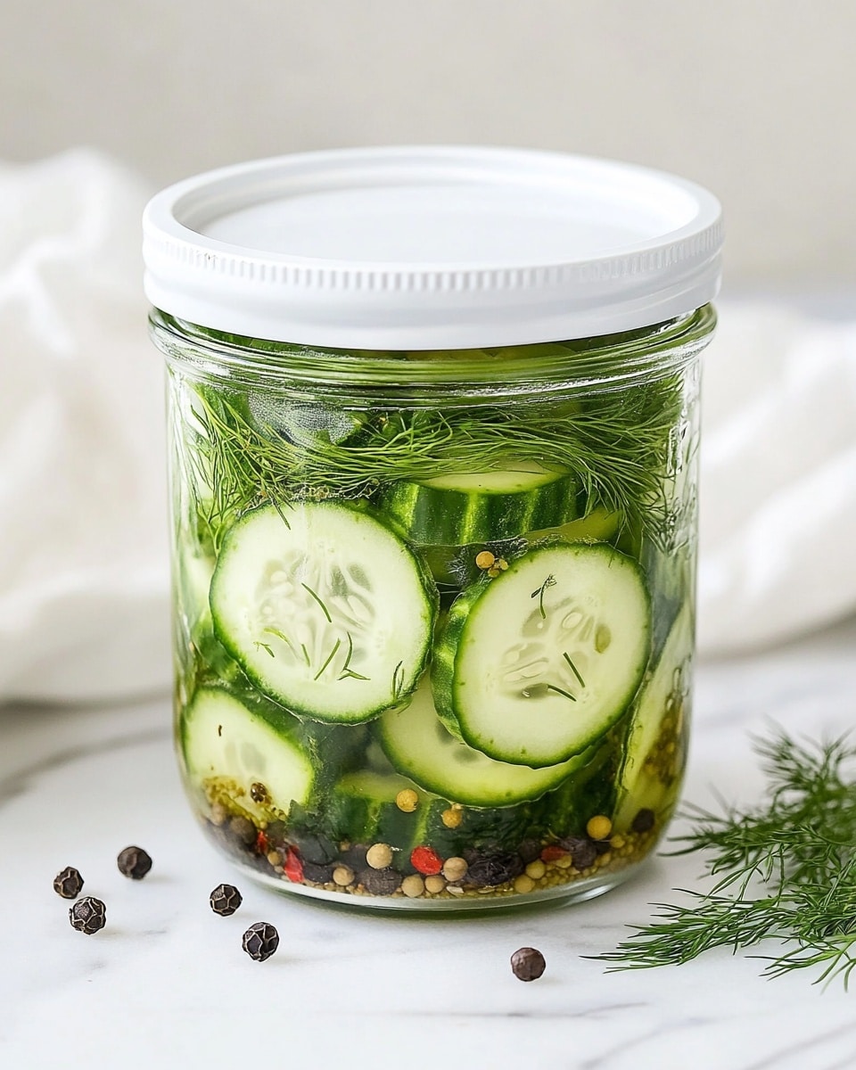 A clear glass jar with a white lid is filled with layers of thin green cucumber slices and fresh dill sprigs. At the bottom, there are small brown and black spices, mostly peppercorns and chili flakes. The cucumbers have a bright green skin and pale green inside, with some seeds visible. The jar sits on a white marbled surface with three black peppercorns scattered nearby. In the background, there is a soft white cloth. The scene is bright and clean, showing a fresh and simple pickled cucumber jar. photo taken with an iphone --ar 4:5 --v 6.1