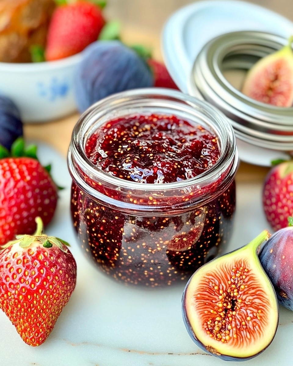 A white plate on a white marbled surface holds one slice of toasted brown bread topped with a thick layer of dark red fig jam, textured with visible seeds. On the plate, next to the toast, are one half of a fig showing its soft, red inside with seeds and a bright red strawberry half with green leaves still attached. In the background, there are two whole figs with dark purple skin and a large transparent jar filled with the same dark red jam. The top left corner shows part of a blue and white mug. Photo taken with an iphone --ar 4:5 --v 6.1