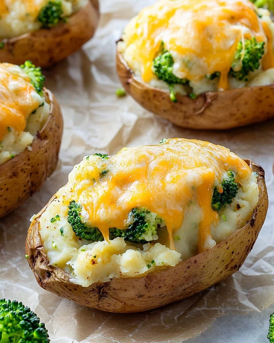 A baked potato half filled with bright green broccoli pieces and melted yellow and white cheese layered on top, the inside of the potato showing a soft golden texture under the toppings, all placed on a white marbled surface. The potato skin is crispy and brown around the edges. Photo taken with an iphone --ar 4:5 --v 6.1