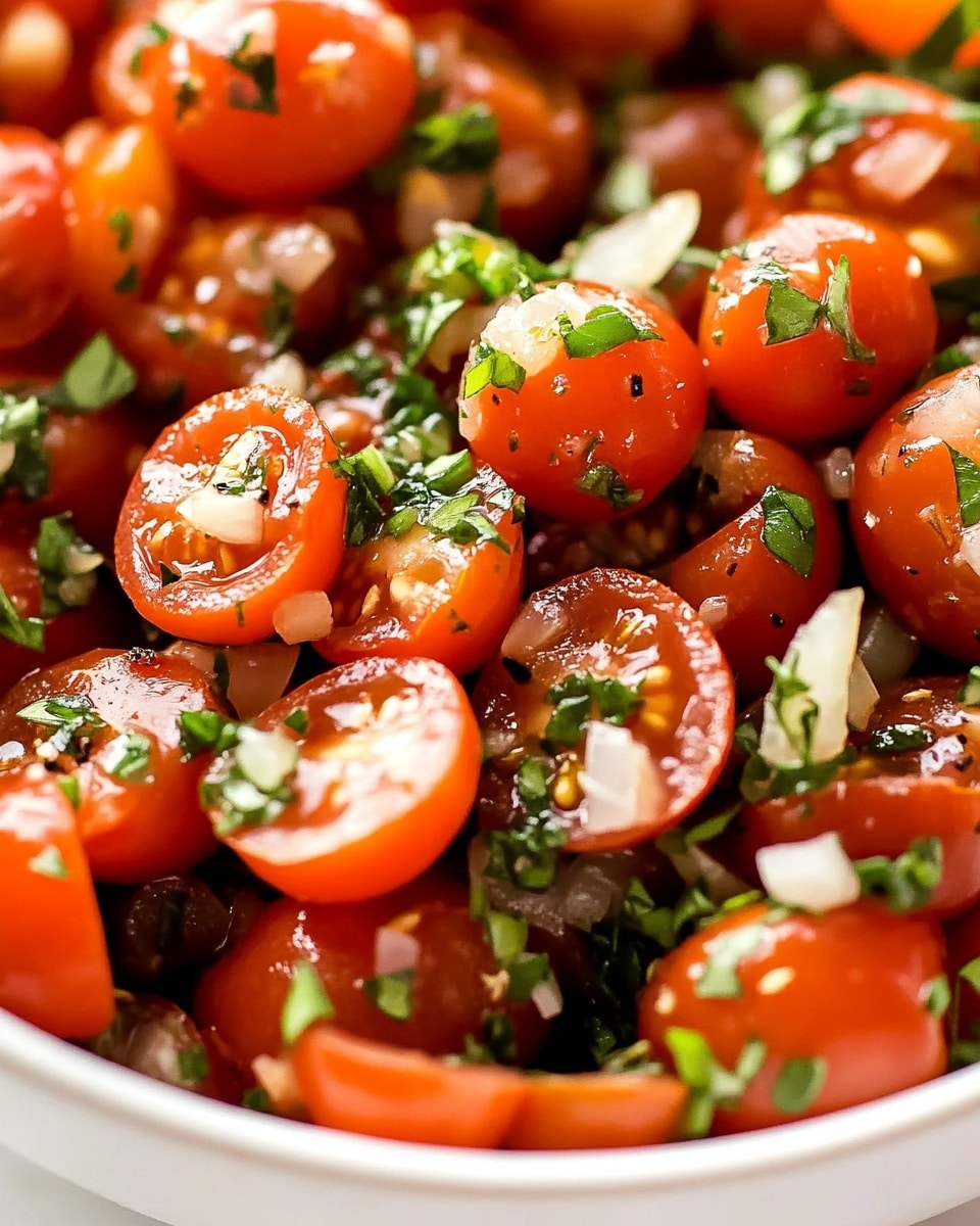 A close-up view of a bowl filled with bright red cherry tomatoes, some whole and some cut in half, mixed with small pieces of chopped white onion and green herbs scattered evenly throughout. The tomatoes look glossy and fresh with a slight shine, while the herbs add a touch of green color contrast. The bowl is white and sits on a white marbled surface, giving the image a clean and bright look. photo taken with an iphone --ar 4:5 --v 6.1