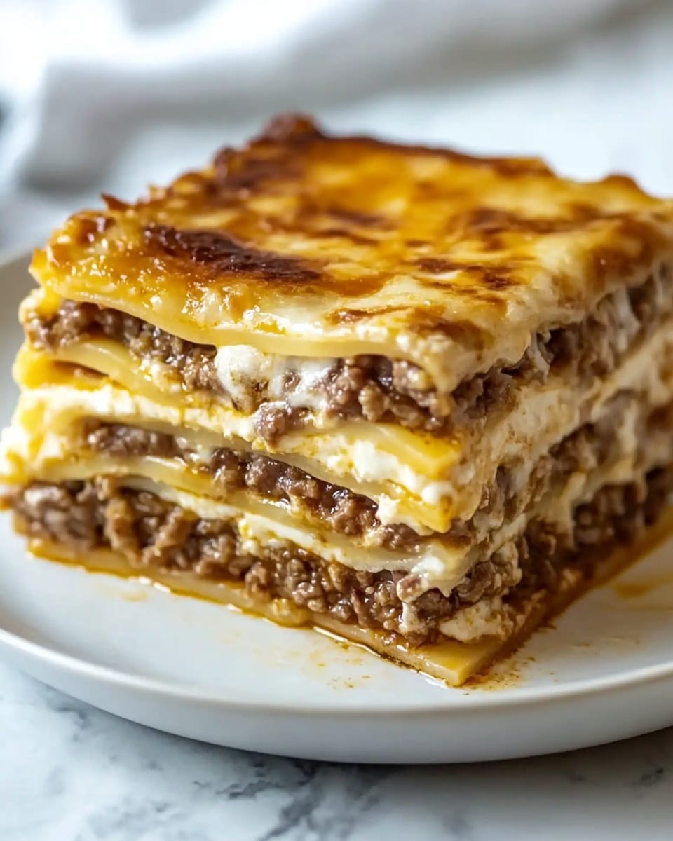 A multi-layered dish is shown with about ten thin, golden-brown crepe-like layers stacked on a white plate with colorful blue and orange patterns around the edges. Between these layers, there are three thick fillings of browned ground meat and three creamy white cheese layers, alternated evenly. The top layer is golden with bubbly melted cheese, giving a slightly crispy texture. A large piece is removed from the front, revealing clear separations between each crepe, meat, and cheese layer. The dish sits on a white marbled table with blurred eggs and kitchen containers in the soft background. Photo taken with an iphone --ar 4:5 --v 6.1