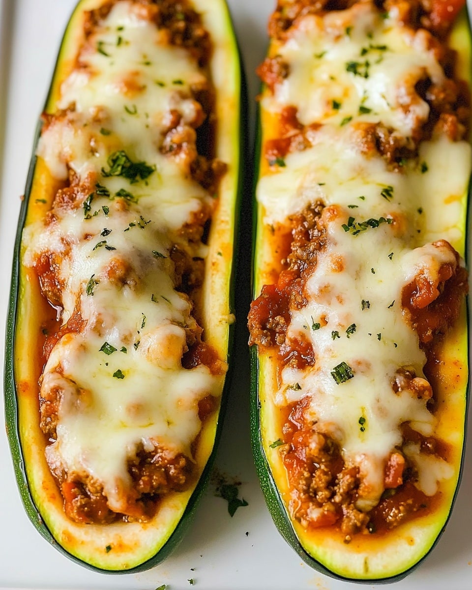 Three zucchini boats are placed side by side on a white plate with a white marbled surface underneath. Each zucchini is sliced lengthwise with a deep hollow center filled with three layers: the base is the green and light yellow zucchini shell, the middle layer is a chunky brown meat sauce, and the top layer is melted white cheese that is slightly browned and bubbly. The cheese layer is sprinkled with small pieces of green chopped herbs and black pepper, adding texture and color contrast. The zucchini edges are smooth and the filling looks warm and inviting, showing some slight bubbling from the melted cheese. photo taken with an iphone --ar 4:5 --v 6.1