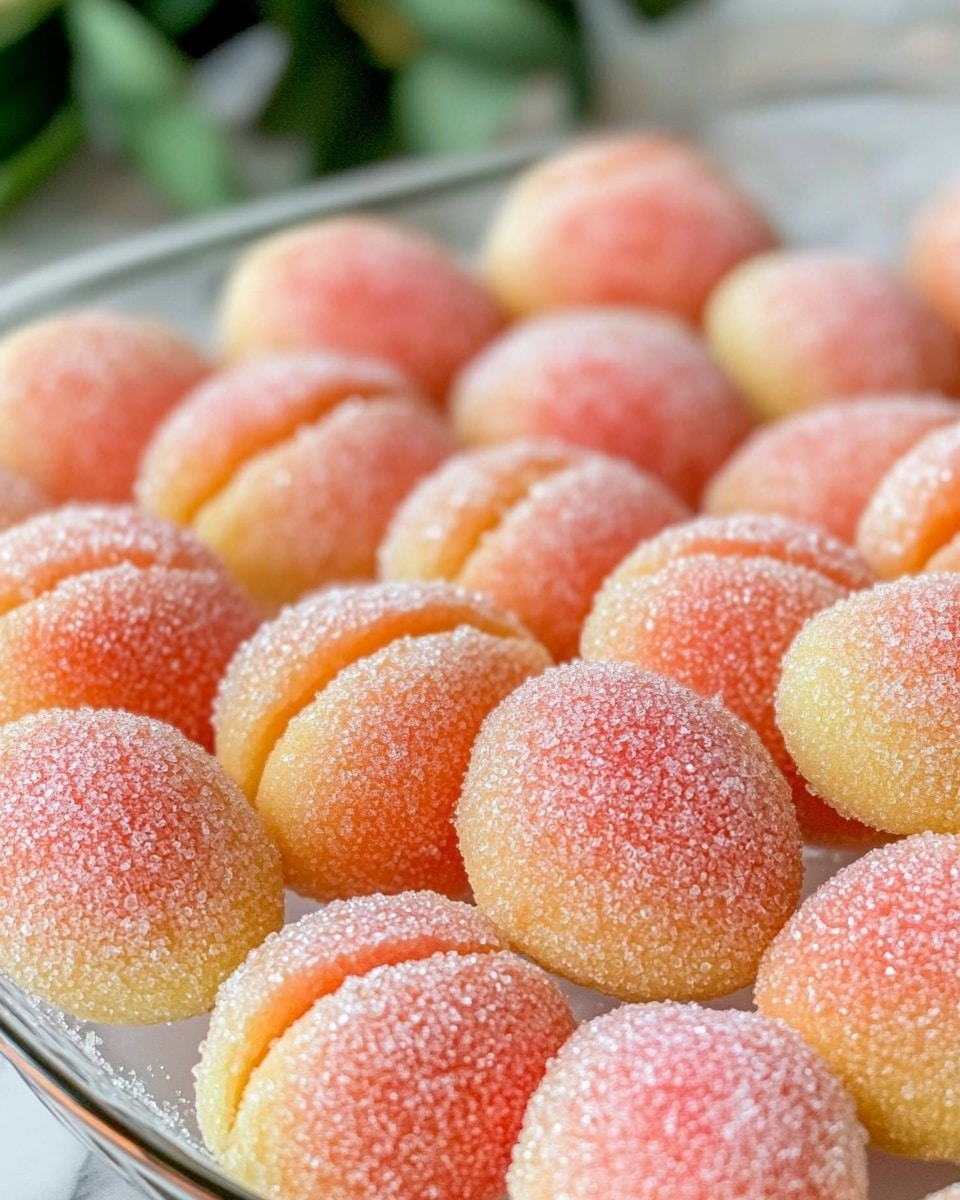 The image shows many round peach-shaped desserts arranged in neat rows on a white marbled surface. Each dessert has two halves with a light orange and pink color gradient, giving them a soft, fuzzy texture that looks like sugar crystals all over. The halves meet in the middle with a slight line, and some show a faint green tint near the edge. The focus is sharp on the front row while the background blurs out softly, emphasizing the smooth, sugar-coated surface of each dessert. photo taken with an iphone --ar 4:5 --v 6.1