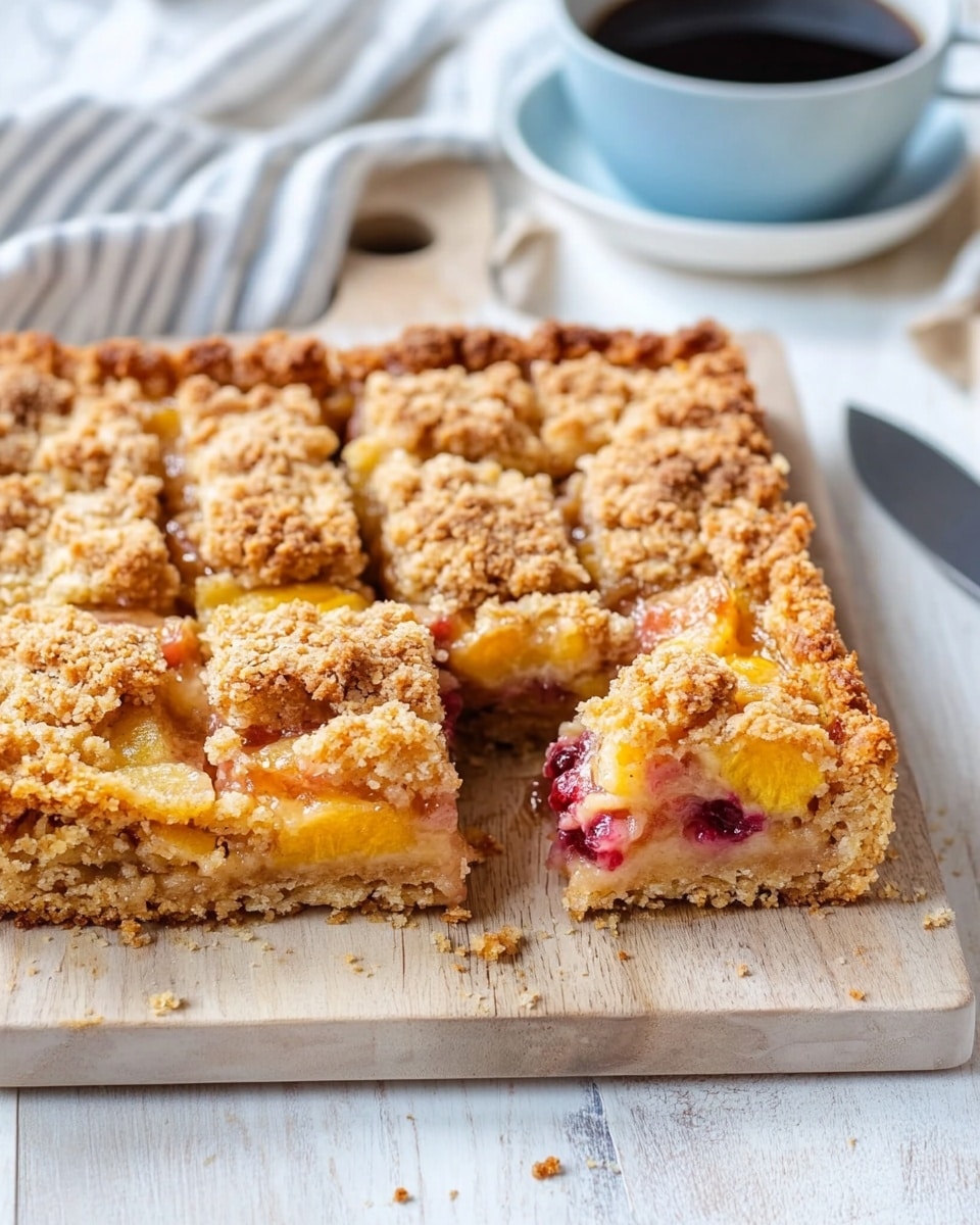 The image shows two square dessert bars stacked on each other on a wooden board with parchment paper. Each bar has three layers: a golden crumbly top layer with a rough texture, a bright yellow fruit filling in the middle, and a light brown bottom crust that looks soft and slightly dense. Around the bars, there are small crumbs scattered on the board. The background has a white marbled surface, and a knife with a light handle lies next to the board. Photo taken with an iphone --ar 4:5 --v 6.1