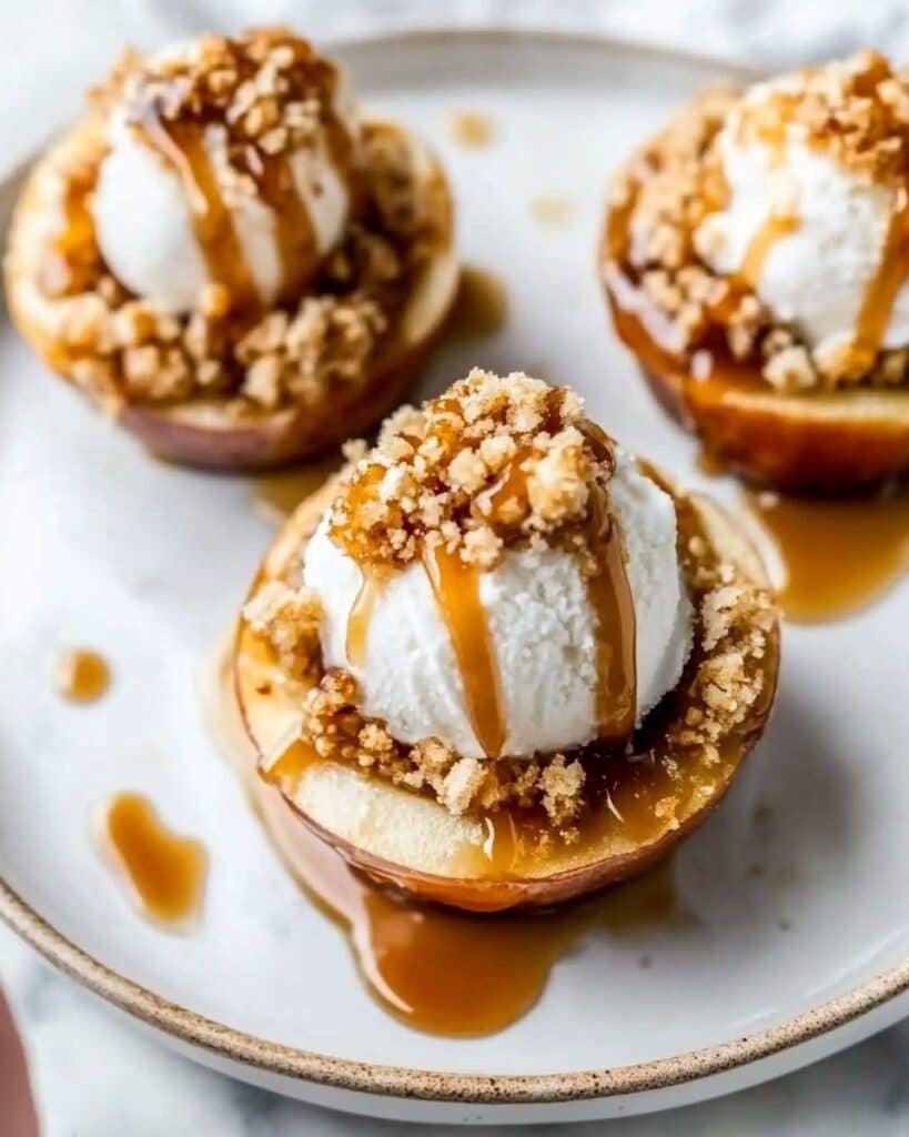 Baked Peaches with Oat Crumble and Vanilla Ice Cream Recipe