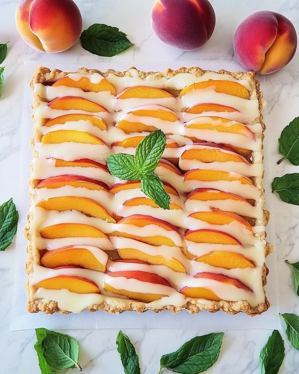 A square cake sliced into pieces sits on a white, marbled surface. The cake has two layers: the bottom layer is a light, fluffy yellow sponge, and the top layer is covered with glossy, thin peach slices arranged closely side by side. A piece has been lifted from the cake with a knife, showing the soft texture of the sponge and the shiny peach topping that glistens with syrup. The peach slices have a rich orange-yellow color with hints of red near the edges. The photo taken with an iphone --ar 4:5 --v 6.1
