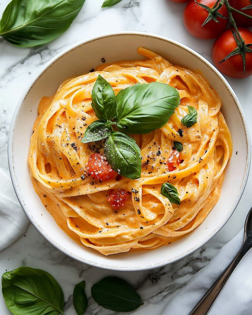 A white pan filled with creamy spaghetti pasta mixed with bright green spinach leaves and small red tomato pieces, all coated in a smooth orange sauce. The pasta strands are long and intertwined throughout the pan. On top of the pasta, there is a neat pile of thinly sliced fresh green herbs. The pan is sitting on a white marbled surface. Photo taken with an iphone --ar 4:5 --v 6.1