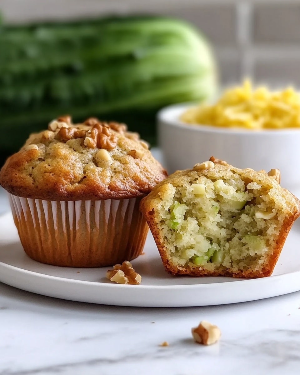 A close-up view of a single golden brown muffin with a slightly domed top, dotted with small green flecks of zucchini and bits of yellow corn, and topped with a few walnut pieces. The muffin’s texture shows a moist, airy crumb with tiny holes visible on the sides. Behind it, three more muffins of the same variety are softly blurred. All muffins sit on a smooth white plate placed on a white marbled surface, with a soft-focused kitchen background. photo taken with an iphone --ar 4:5 --v 6.1