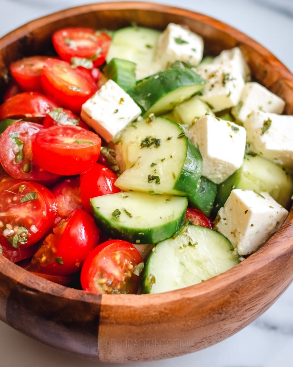 The image shows a wooden bowl filled with a fresh salad. The salad has several layers: the bottom layer is mixed bright red cherry tomato halves, the middle layer includes thick light green cucumber slices with some dark green skin, and the top layer has small white cheese cubes sprinkled with green herbs. The bowl is placed on a white marbled surface. photo taken with an iphone --ar 4:5 --v 7
