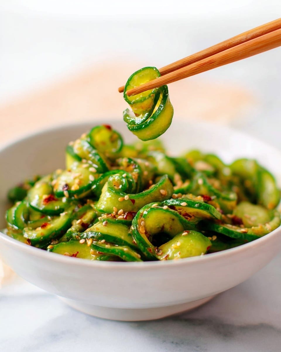 A white bowl filled with bright green cucumber slices that have a slight curved shape and are mixed with a reddish-brown spicy sauce sprinkled with sesame seeds and crushed red chili flakes, with a woman's hand holding light brown wooden chopsticks picking up a cucumber slice, all placed on a white marbled surface with a blurry light background. photo taken with an iphone --ar 4:5 --v 7