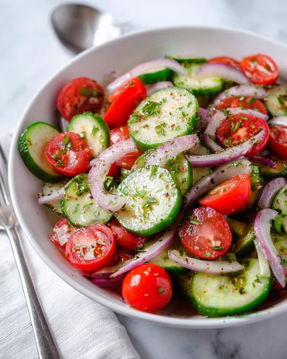 A white bowl filled with a fresh salad made of thickly sliced green cucumbers, halved bright red cherry tomatoes, and thin rings of light purple onions, all mixed together and sprinkled with small green herbs and coarse black pepper. The vegetables have a fresh, shiny look, and the bowl sits on a white marbled surface with a fork visible on the left side. photo taken with an iphone --ar 4:5 --v 7