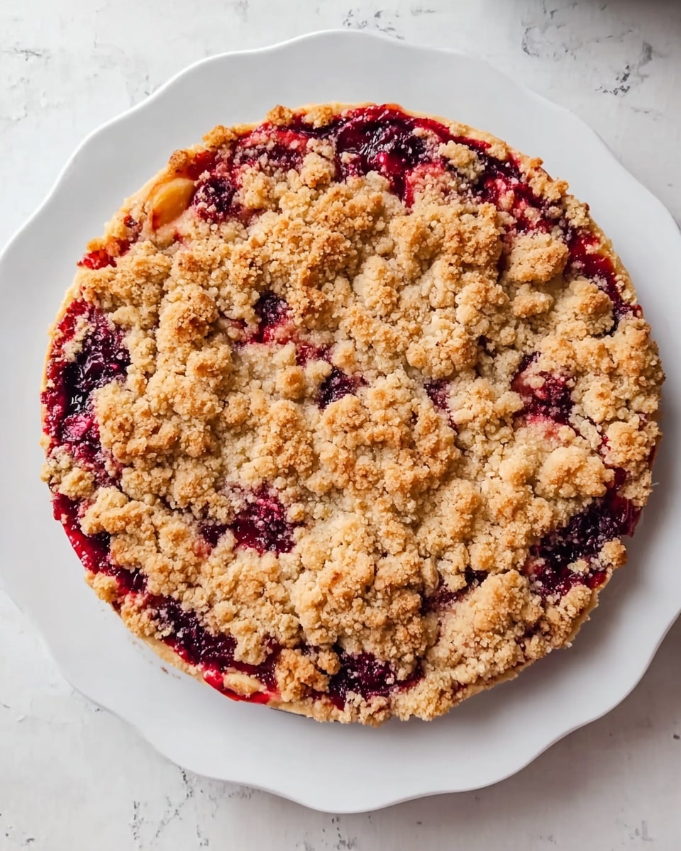 A round fruit crumble pie sits on a white plate with a scalloped edge, placed on a white marbled surface. The pie has a golden brown crumbly topping with uneven, rough pieces covering the entire surface. Below the topping, a red fruit filling peeks through in irregular spots, adding bright red and deep purple colors against the tan crust. The crust underneath is barely visible but has a light golden color. photo taken with an iphone --ar 4:5 --v 7