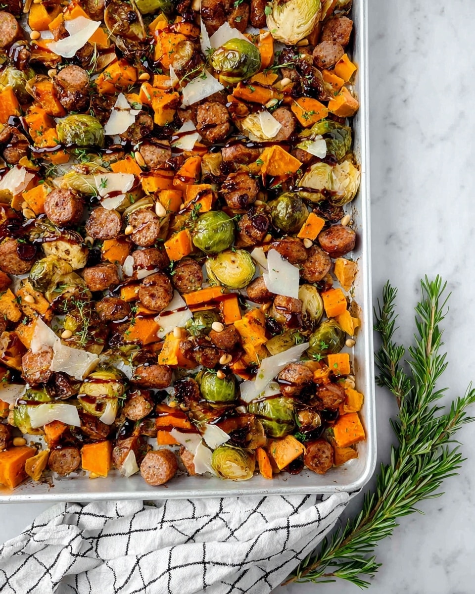 A large baking sheet filled with roasted sausages and vegetables. The sausages are brown with some crispy edges, scattered evenly across the sheet. Among the sausages, there are halved Brussels sprouts showing a mix of green and browned parts, along with small cubes of orange butternut squash. The vegetables are browned and slightly caramelized, giving a textured, roasted look. The baking sheet sits on a white marbled surface with a gray and white checkered cloth partially under the bottom right corner. Some green herb sprigs are placed near the top right corner. Photo taken with an iphone --ar 4:5 --v 7