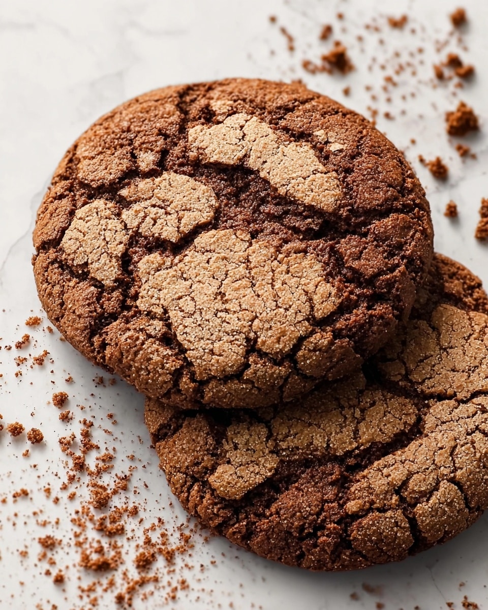Six round, brown cookies with a cracked surface and a slightly darker swirl pattern lie on a black cooling rack. The rack rests on a white marbled surface with a brown and white striped cloth partially underneath. A white cup filled with dark brown coffee beans is placed near the top left corner, with some coffee beans scattered around the scene. The overall colors are warm with rich browns and neutral whites. Photo taken with an iphone --ar 4:5 --v 7