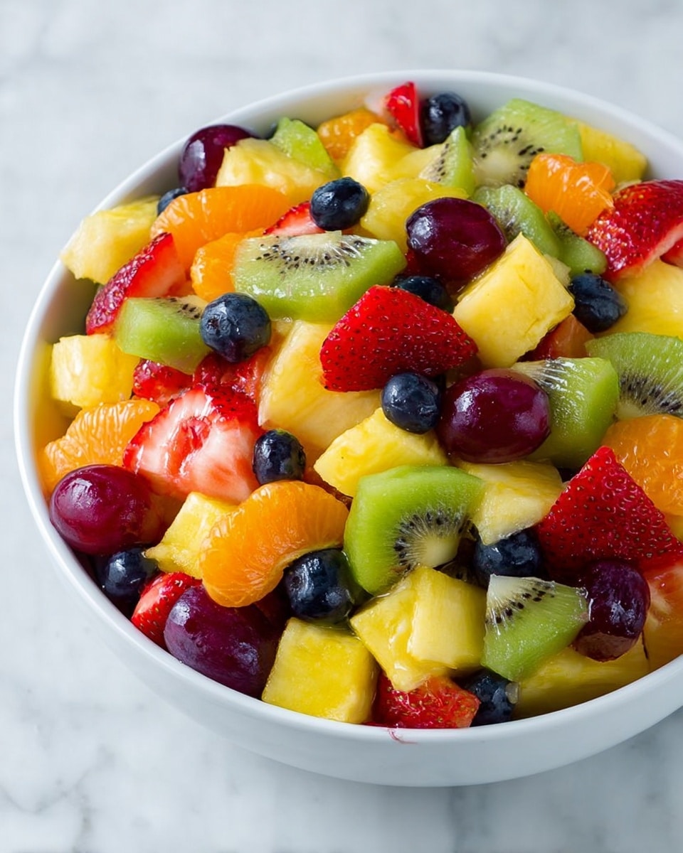 A white bowl filled with a colorful mix of fruit pieces showing many layers; the first layer contains bright yellow pineapple chunks, green kiwi slices with black seeds, and bright orange mandarin segments; scattered among these are deep red strawberry halves and dark blue blueberries, plus purple grapes adding more texture. The fruits look fresh and juicy, piled high inside the bowl, with the white marbled surface beneath adding a clean background. Photo taken with an iphone --ar 4:5 --v 7