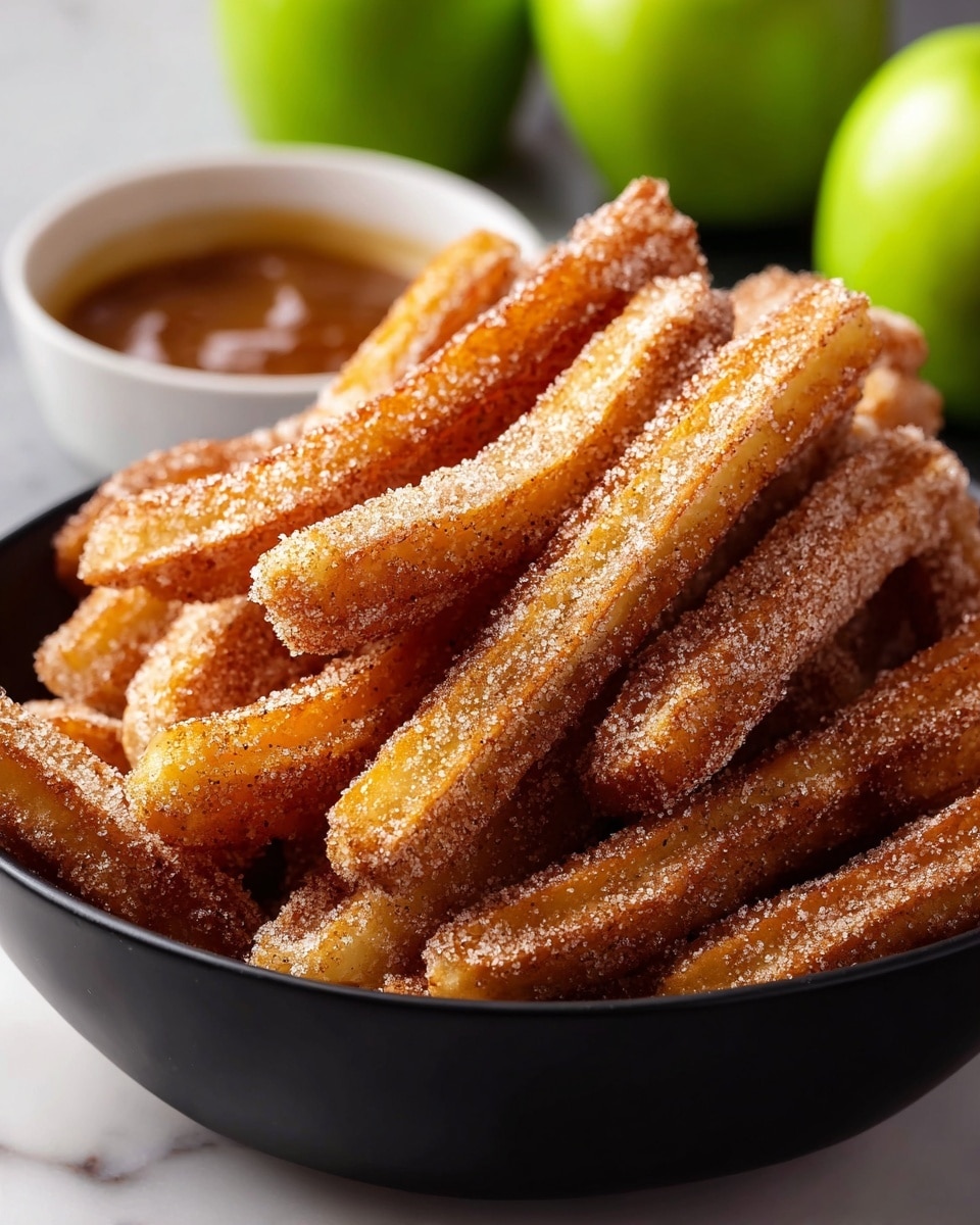 A close-up image of a black bowl filled with many long, thin fried churros covered in cinnamon sugar, stacked in a slightly messy way showing their golden brown color and crunchy texture; in the background, there is a small white bowl with caramel sauce and two green apples, all placed on a white marbled surface. Photo taken with an iphone --ar 4:5 --v 7