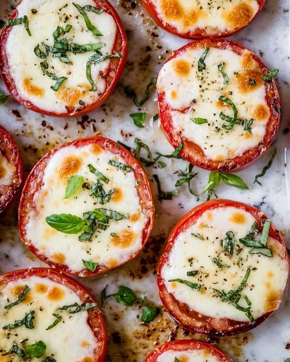 The image shows several round tomato slices on a baking tray with a white marbled surface underneath. Each slice has two layers: the bottom layer is a thick, bright red tomato slice, and the top layer is a melted white cheese with golden brown spots from baking. Small green basil leaves and chopped herbs are scattered on top of some slices, adding a fresh green color contrast. The melted cheese looks bubbly and slightly browned in places, giving a delicious toasted texture. photo taken with an iphone --ar 4:5 --v 7