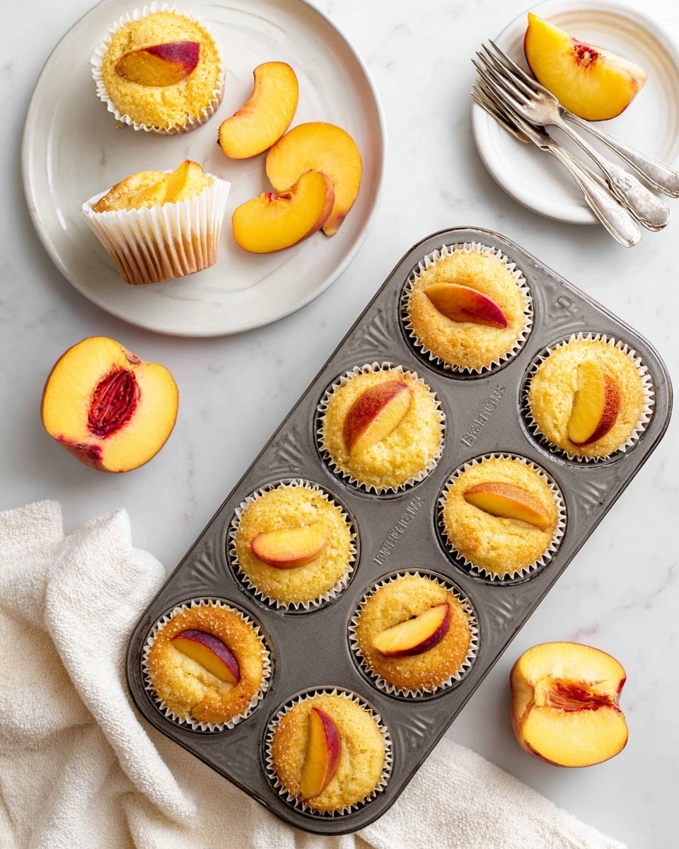 A muffin tray holds eight golden-yellow peach muffins with visible slices of peach baked on top, showing light brown, slightly crispy edges and soft textured centers. Four of the compartments contain fresh peach slices with different colors of yellow and red skin, adding contrast to the muffins. Above the tray, a single muffin is partially eaten and placed in its white paper liner, showing a soft and crumbly light beige inside. The tray and peach pieces are set on a white marbled surface, accompanied by a white cloth and a white plate with a peach slice, with two forks resting on the plate. photo taken with an iphone --ar 4:5 --v 7