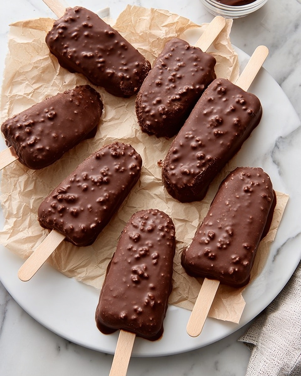 Seven chocolate-covered ice cream bars with small nut pieces in the chocolate layer rest on a round piece of white parchment paper. Each bar is on a wooden stick and the chocolate coating has a rough, bumpy texture from the nuts. The bars are arranged in a circular pattern on the paper, which sits on a white marbled surface. The image is bright with natural light showing the shiny, rich brown chocolate photo taken with an iphone --ar 4:5 --v 7