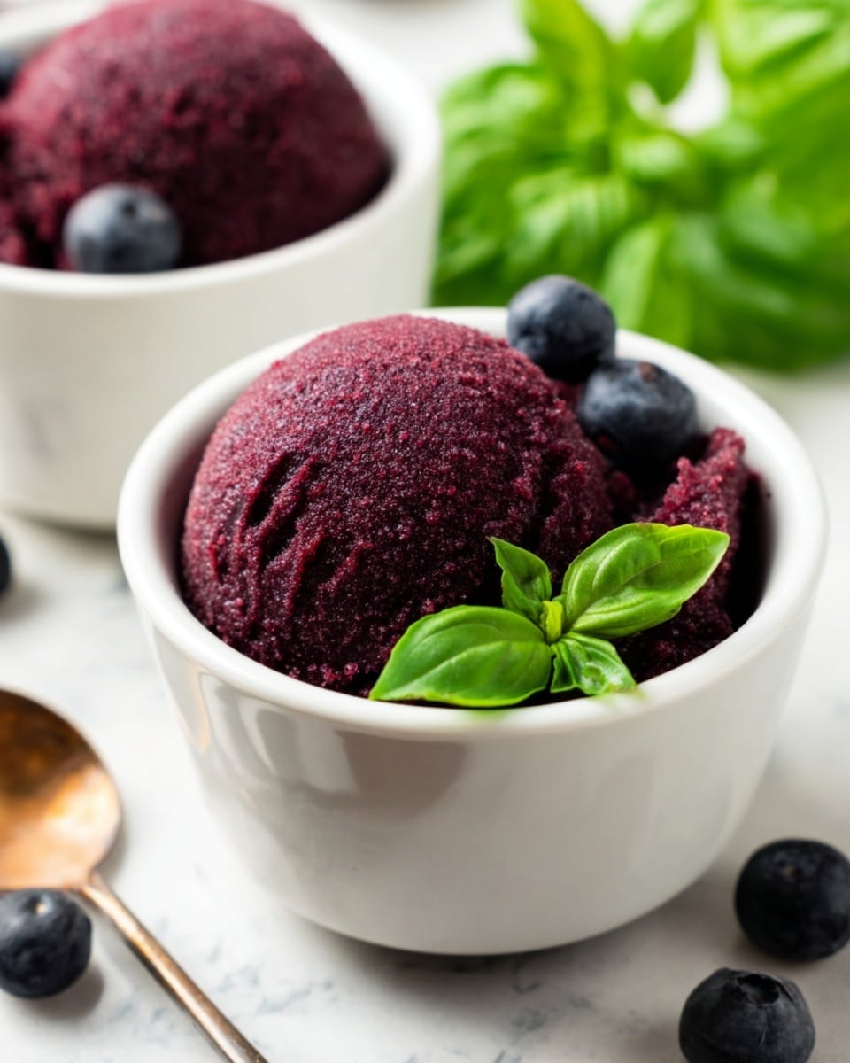 A small white bowl holds a dark purple blueberry jam with a thick and slightly shiny texture. A silver spoon is dipped inside the jam, showing visible scoops of the spread, and a fresh whole blueberry and a small green leaf rest on the edge of the bowl. Around the bowl are several blueberries scattered on a light wooden board, providing a natural and fresh contrast. The background has a soft, white marbled texture. Photo taken with an iphone --ar 4:5 --v 7