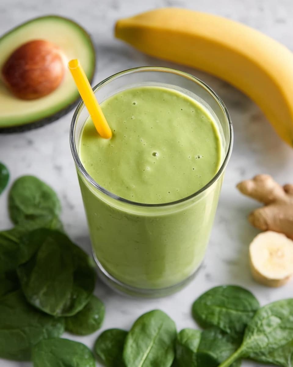 A clear glass filled with a smooth, thick green smoothie, with tiny darker green specks visible throughout the drink, and a bright yellow straw inserted on the left side of the glass; the glass is placed on a white marbled surface surrounded by fresh spinach leaves at the bottom, a half avocado with a large seed on the upper left, a peeled banana on the right, and a piece of ginger on the left edge. photo taken with an iphone --ar 4:5 --v 7