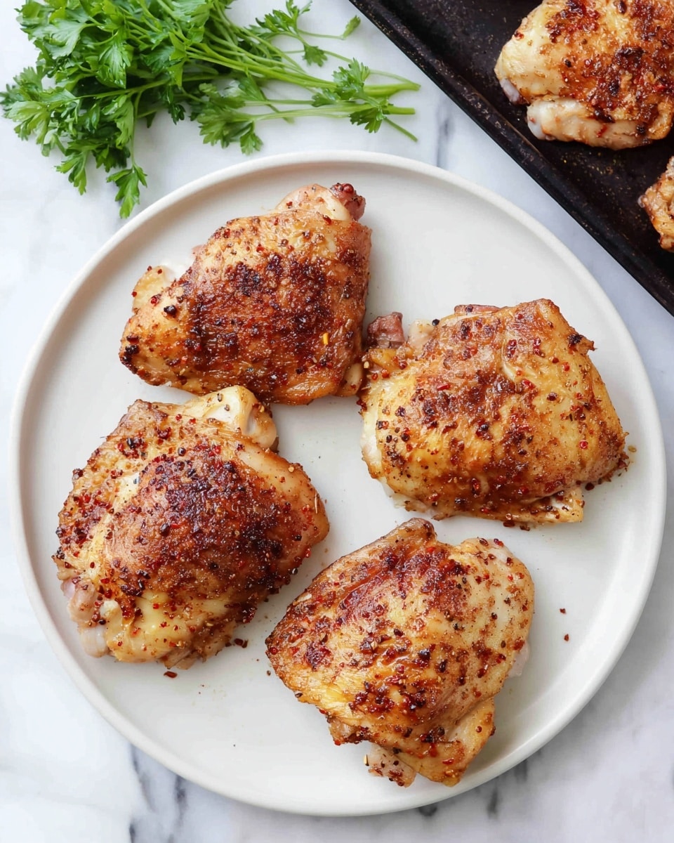 The image shows four pieces of cooked chicken with a golden-brown color and some darker browned spots on top, placed evenly spaced on a round white plate. The chicken pieces have a slightly textured, crispy skin with small black and red seasoning specks. The plate sits on a white marbled surface. To the top right, there is a black tray with two more pieces of similar chicken partially visible, and a small bunch of fresh green parsley lies just above the plate on the marbled surface. The lighting is bright and natural, making the chicken look juicy and well-cooked. photo taken with an iphone --ar 4:5 --v 7
