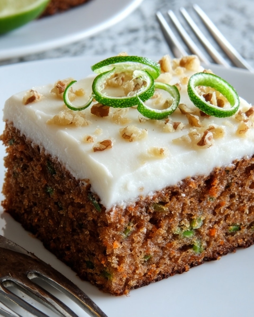 A thick square piece of brown cake with green specks inside sits on a white plate on a white marbled surface. The cake has one visible layer topped with a smooth, thick layer of creamy white frosting. On top of the frosting, there are small pieces of crushed nuts scattered with green spiral-shaped strips placed neatly in the center. In front of the cake, a fork holds a small bite of the cake, showing the moist inside and a bit of frosting. Photo taken with an iphone --ar 4:5 --v 7