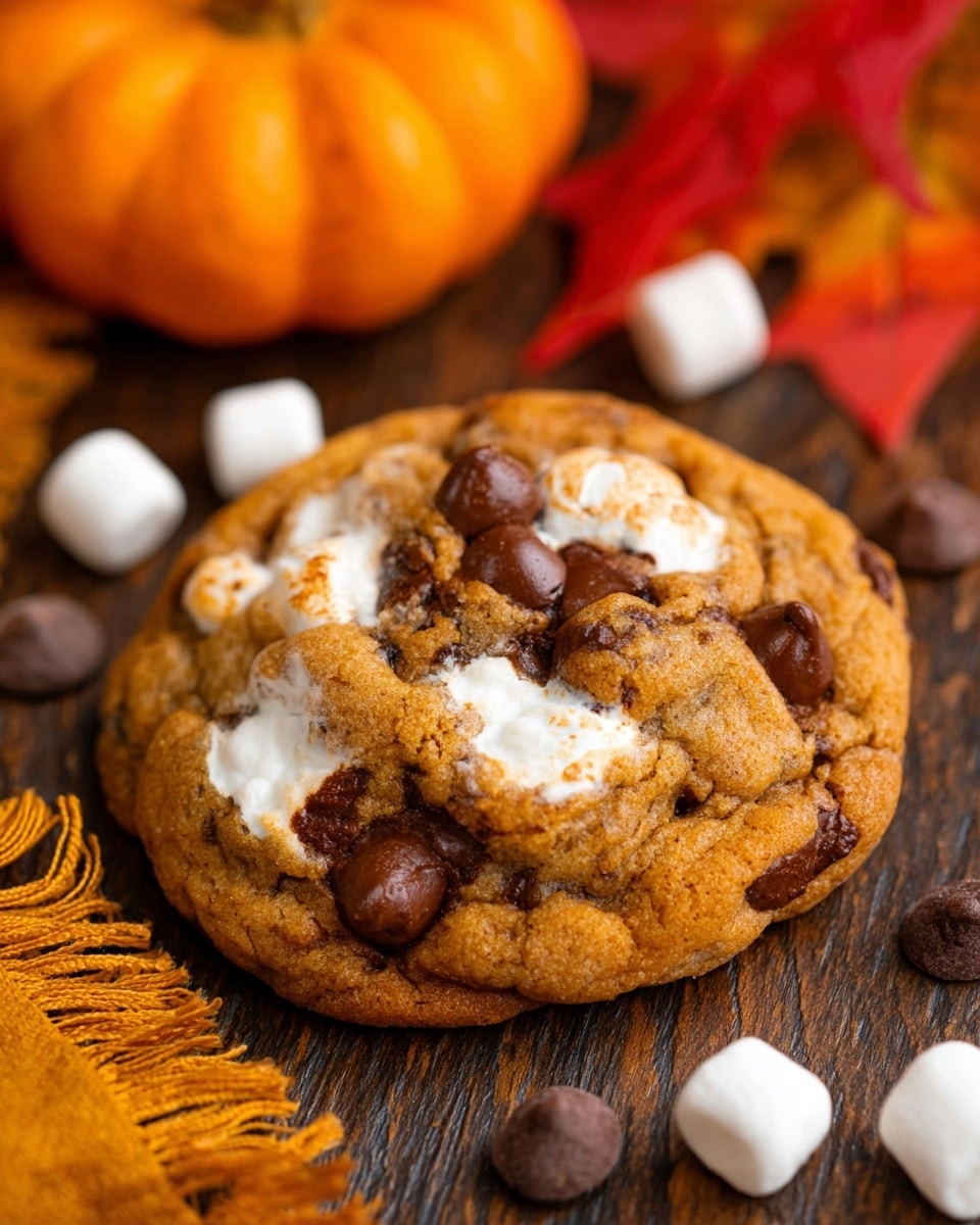 The image shows a single thick cookie with a golden brown color. The cookie has visible marshmallow pieces melted on top, creating white and light brown patches. Dark chocolate chips are scattered on the surface, some slightly melted, adding a bit of shine. The cookie looks soft with a slightly bumpy texture, resting on a dark wooden surface. Around the cookie, there are small white marshmallows and some chocolate chips, with a bright orange pumpkin and red autumn leaves in the background. A fringed fabric in warm yellow tones is partially visible at the bottom left corner. Photo taken with an iphone --ar 4:5 --v 7