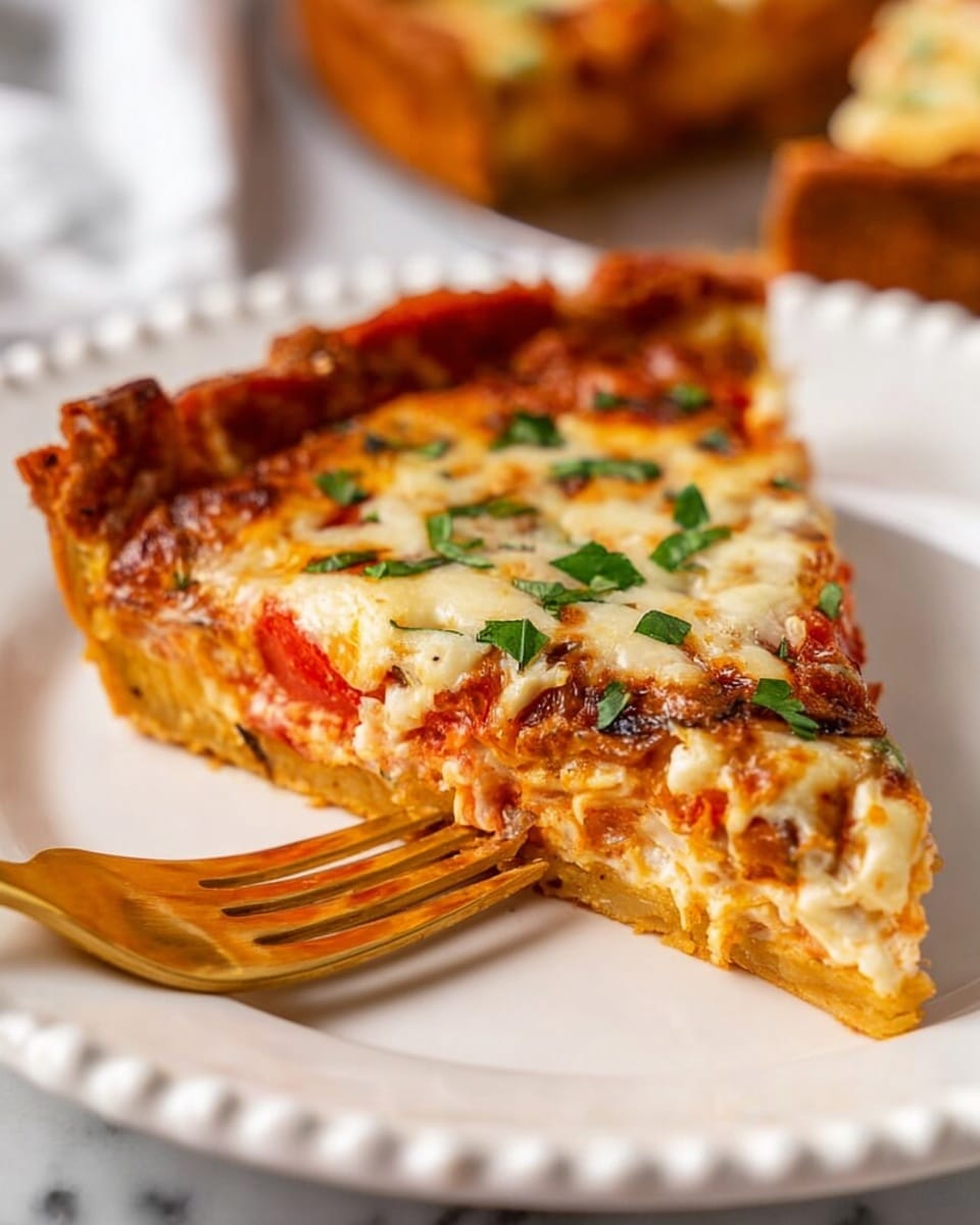 The image shows a close-up slice of pizza on a white plate with a scalloped edge, placed on a white marbled surface. The pizza has three visible layers: the bottom golden brown crust is thin and crispy, the middle layer has a mix of cooked tomatoes and melted cheese with a soft, slightly chunky texture, and the top layer is bubbly melted cheese sprinkled with chopped green herbs. A gold fork is gently lifting the pizza slice from the plate. Photo taken with an iphone --ar 4:5 --v 7