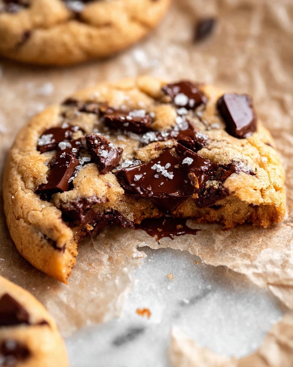 A close-up view of a single thick cookie resting on crinkled parchment paper over a wire rack, the cookie is golden brown with a soft texture, topped with several large, glossy dark chocolate chunks and sprinkled with coarse white sea salt flakes, scattered chocolate chips lie nearby on the parchment, the overall setting is on a white marbled surface with a glimpse of a white bowl filled with dark chocolate pieces in the top right corner, photo taken with an iphone --ar 4:5 --v 7