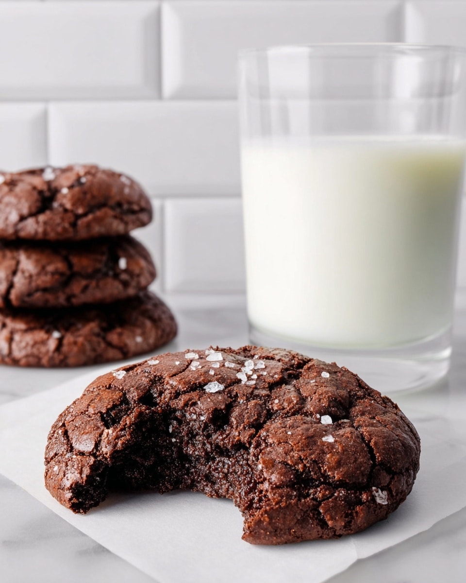 A close-up view of a dark brown chocolate cookie with a rough, cracked top layer sprinkled with small bits of salt, and a bite taken out of the bottom front showing a moist inside. Behind it on the left, there is a stack of three similar cookies. On the right side, there is a tall clear glass filled almost to the top with white milk. All items are placed on a white surface with a white marbled texture under them, and the background is made of white subway tiles. photo taken with an iphone --ar 4:5 --v 7