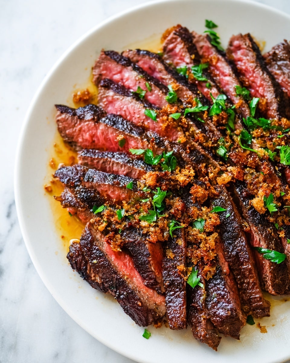 A white plate holds several slices of cooked beef steak arranged closely side by side in one layer, each slice showing a dark brown exterior and a pinkish-red center indicating medium doneness. On top of the steak slices is a generous sprinkle of golden-brown crunchy bits and small chopped green herbs scattered evenly. A metal fork is inserted into the rightmost slice, and the plate sits on a white marbled surface with some juices pooling beneath the meat. photo taken with an iphone --ar 4:5 --v 7