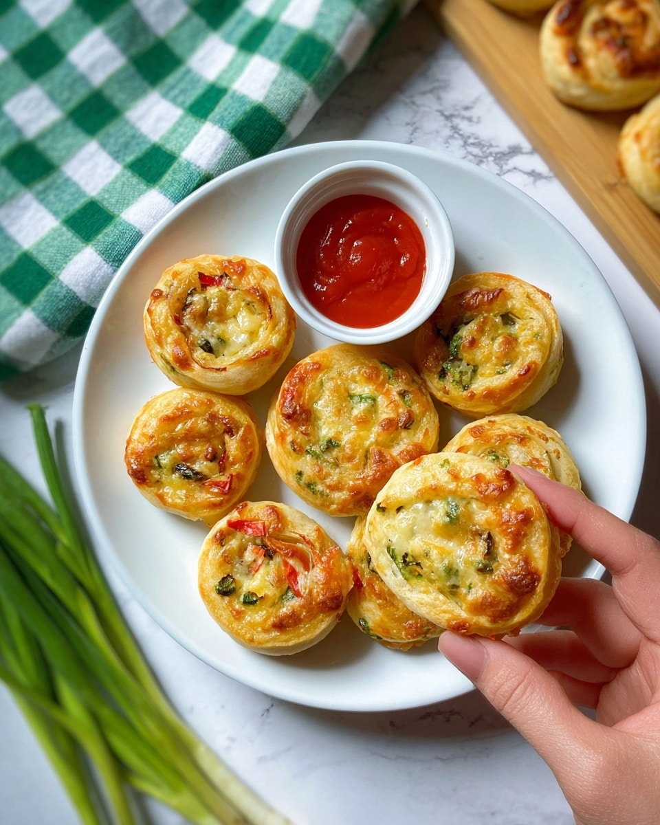The image shows a white round plate filled with several small, round, spiral-shaped savory pastries that are golden brown with patches of melted cheese and visible bits of green herbs and red peppers inside. On the plate, there is a small white bowl with bright red dipping sauce. In the foreground, a woman's hand is holding one of the pastries close to the camera, showing its crispy texture and colorful filling clearly. The plate is placed on a white marbled surface with a green and white checkered cloth partially visible nearby, along with some fresh green scallions. photo taken with an iphone --ar 4:5 --v 7