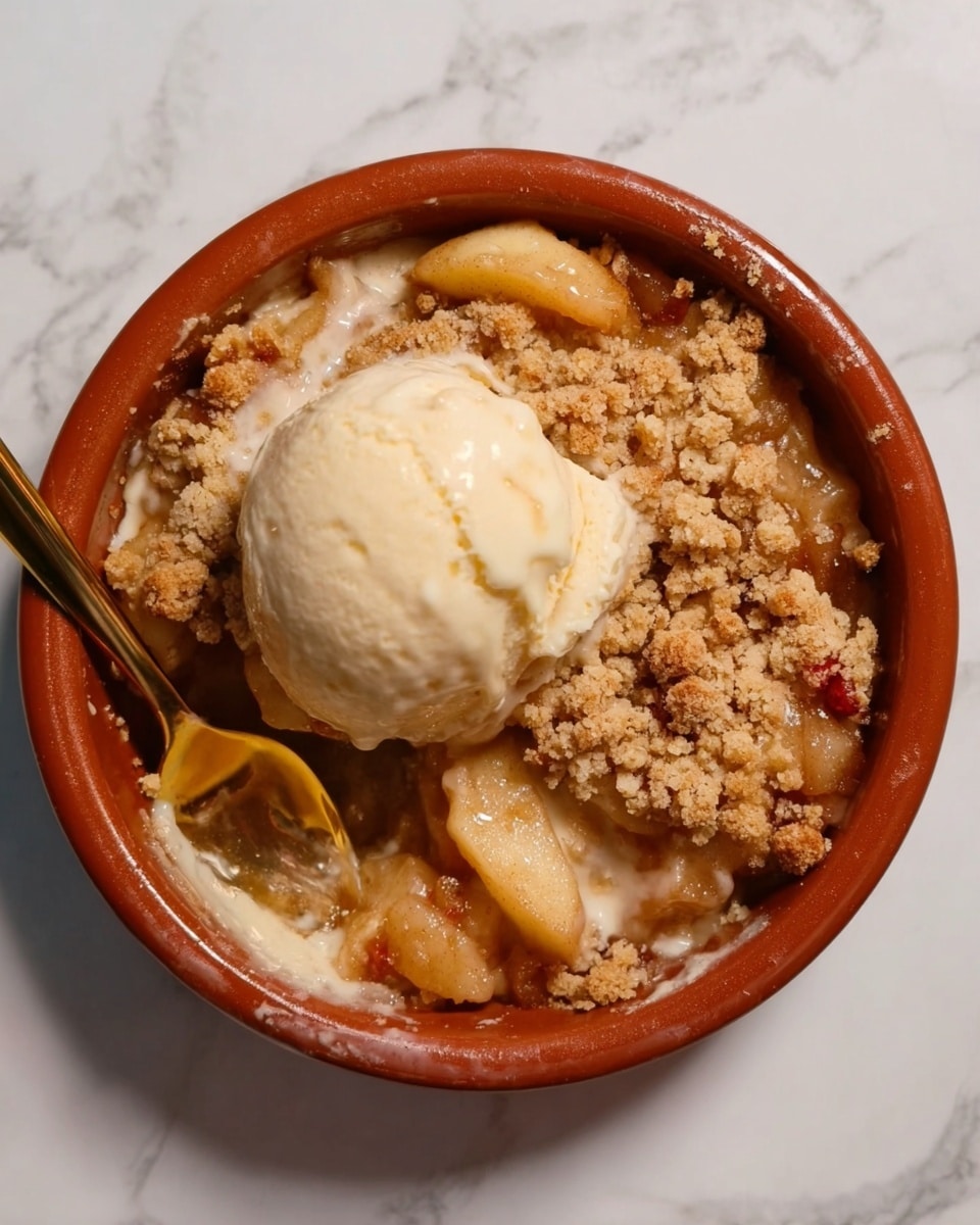 A close-up showing a spoon holding a bite of apple crumble dessert above a white bowl with a brown rim. The dessert has three visible layers: the bottom layer is soft, cooked apple pieces with a glossy, light golden color and small black specks of spice, the middle layer is a scoop of creamy light beige ice cream, and the top layer is chunky, crumbly brown streusel covering the bowl. The background is a white marbled surface. Photo taken with an iphone --ar 4:5 --v 7