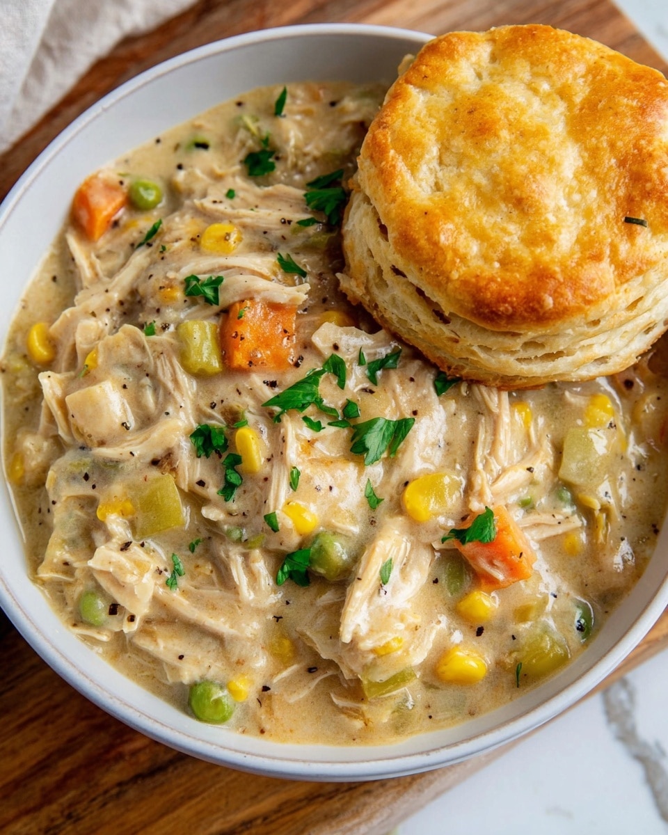 A close-up of a wooden spoon holding a creamy stew filled with shredded light beige chicken, small bright orange carrot cubes, yellow corn kernels, and green beans. The stew has a thick, smooth, slightly shiny texture with small black pepper specks and tiny green herb bits sprinkled on top. The background shows a white ceramic bowl filled with more of the creamy mixture, all resting on a white marbled surface. photo taken with an iphone --ar 4:5 --v 7