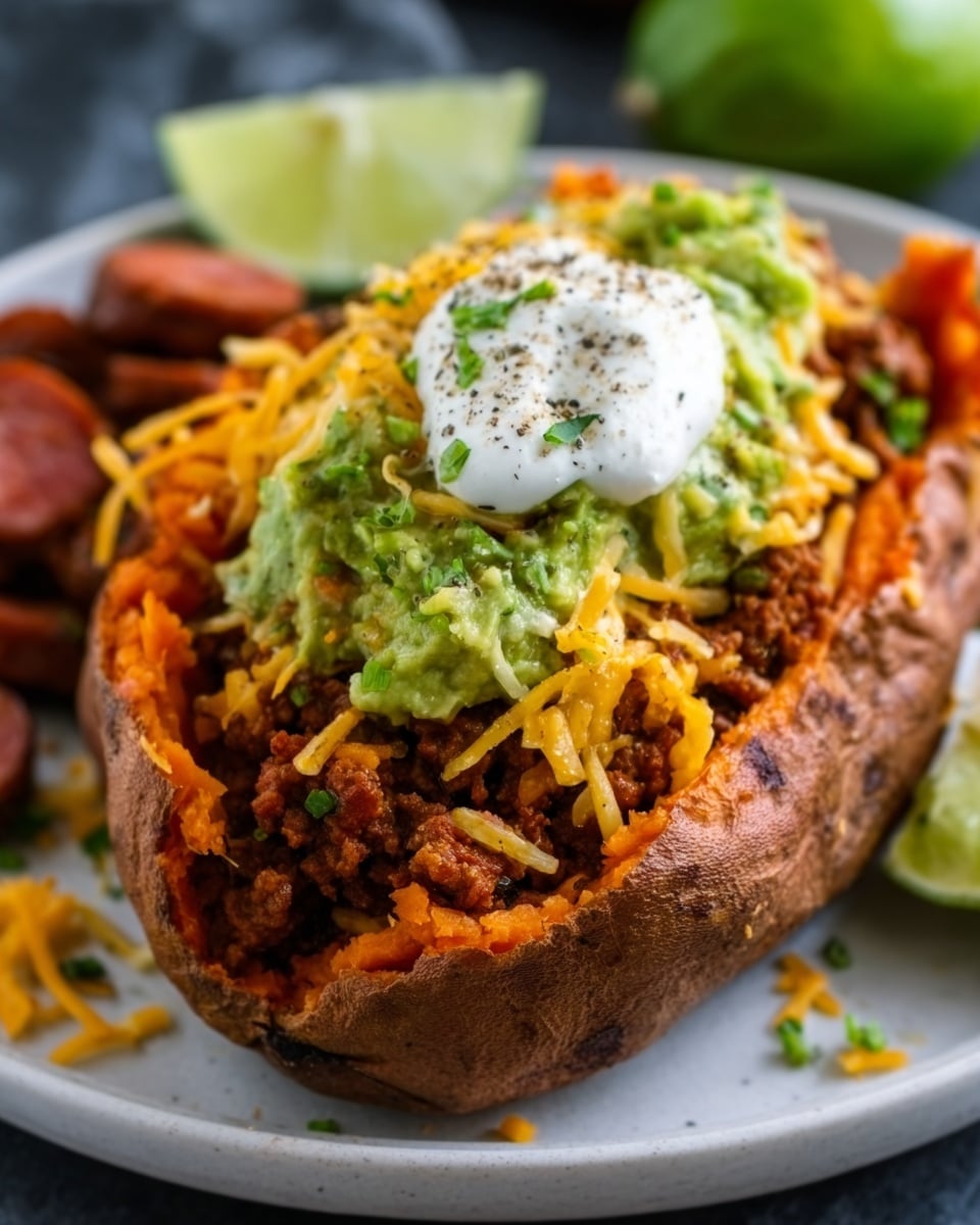 The image shows two stuffed sweet potatoes placed side by side on a white plate with a white marbled background. Each sweet potato is split open with a crispy browned skin, filled with a layer of cooked minced meat mixed with small diced tomatoes and onions, topped with a handful of bright orange shredded cheddar cheese, a dollop of green guacamole sprinkled with finely chopped fresh herbs, and a small dollop of white sour cream dusted with black pepper. Around the plate, there are scattered halved cherry tomatoes and two lime wedges adding vibrant green accents. A portion of a wooden bowl with green herbs and part of a white cloth with a blue stripe are faintly visible near the plate. Photo taken with an iphone --ar 4:5 --v 7