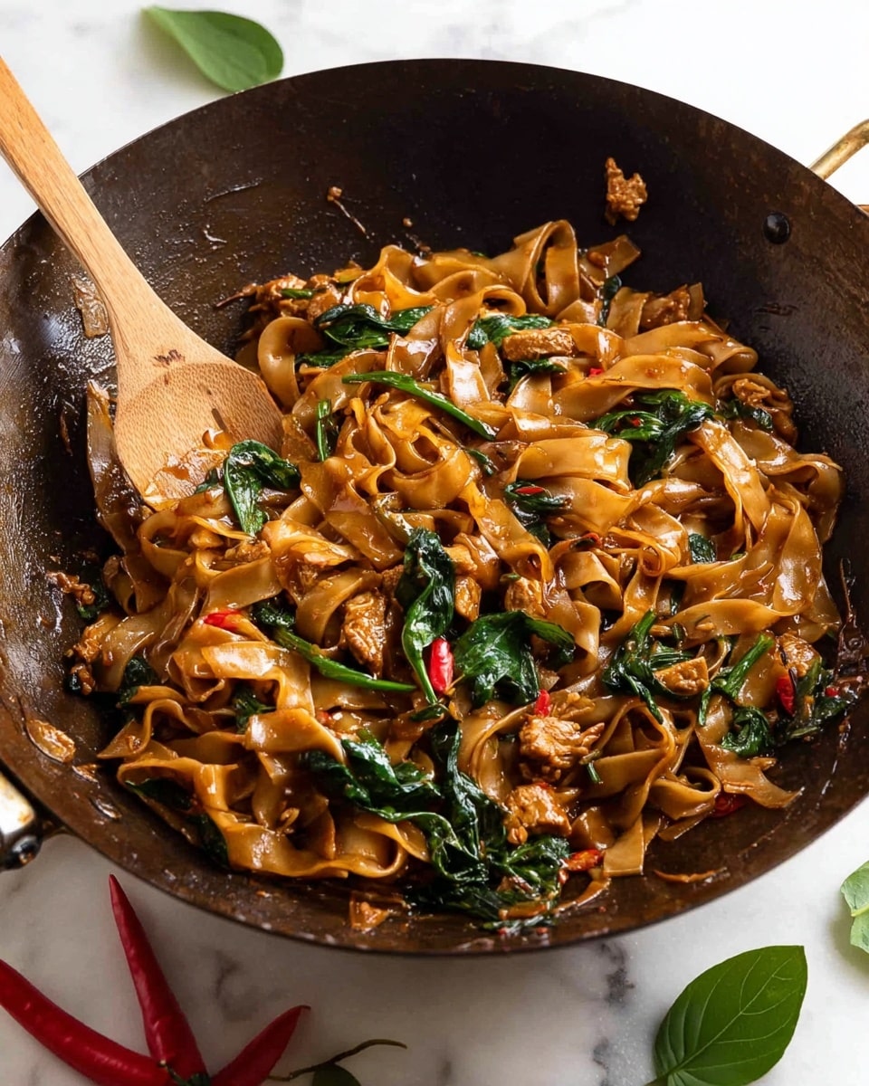 Inside a large dark wok filled with glossy, wide flat noodles coated in a rich brown sauce, pieces of cooked light brown meat and bright green leafy vegetables are mixed throughout, with specks of red chili adding color. The noodles have a slightly shiny, smooth texture while the green leaves look fresh and slightly wilted. Two light wooden utensils, one resting inside the wok and the other leaning on its edge, add a natural touch. The wok sits on a white marbled surface, with some green leaves and two red chili peppers placed nearby. Photo taken with an iphone --ar 4:5 --v 7