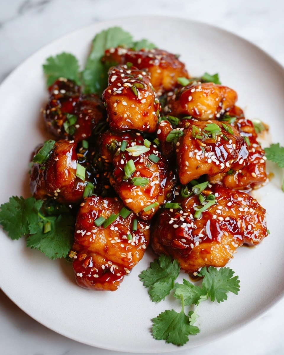 The dish shows several bite-sized pieces of golden brown chicken covered in shiny, dark reddish sauce placed in the center of a white plate. The chicken pieces have a glazed look with a sticky texture. On top, there are small white sesame seeds scattered evenly and chopped green onions adding a fresh green color. A few cilantro leaves lie around the chicken, adding contrast. The background is a white marbled surface. photo taken with an iphone --ar 4:5 --v 7