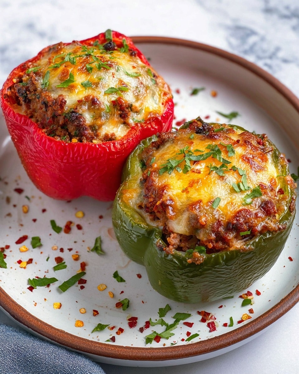 Two stuffed bell peppers, one green and one red, sit side by side on a white plate with a brown rim. Each pepper is filled with a mix of cooked ground meat and rice, topped with a melted, golden-brown layer of cheese sprinkled with green herbs and red chili flakes. The peppers have a slightly shiny, cooked texture, and scattered green herbs and red chili flakes decorate the plate around them. The plate is placed on a white marbled surface. photo taken with an iphone --ar 4:5 --v 7