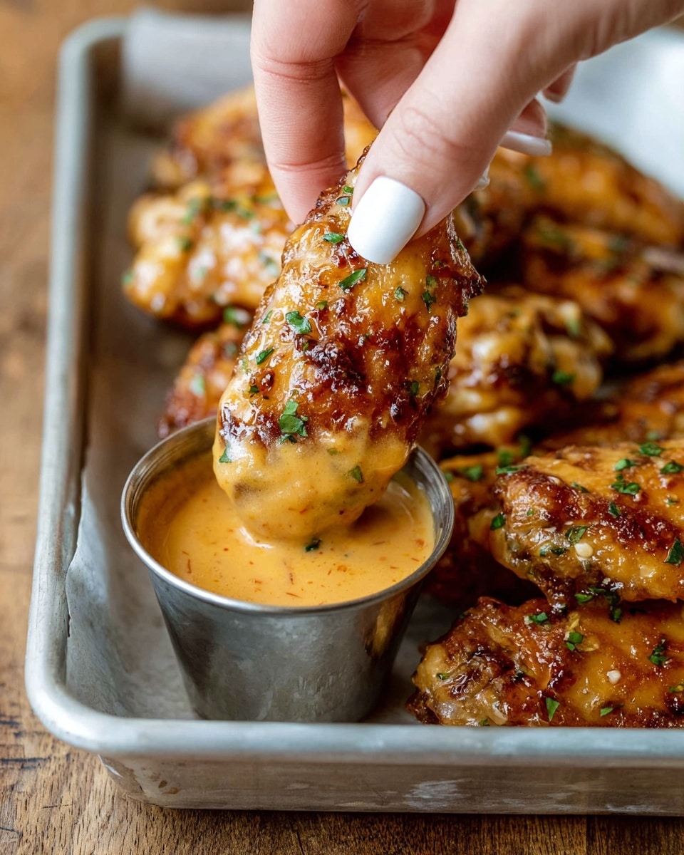 A close-up image shows a woman's hand with white nail polish dipping a golden brown, crispy chicken wing into a small metal cup filled with creamy orange dipping sauce. The chicken wing has a shiny texture with herbs sprinkled on top, and more chicken wings with the same crispy texture and slight herb garnish fill a metal tray below. The tray sits on a wood surface, but the background is changed to a white marbled texture. photo taken with an iphone --ar 4:5 --v 7