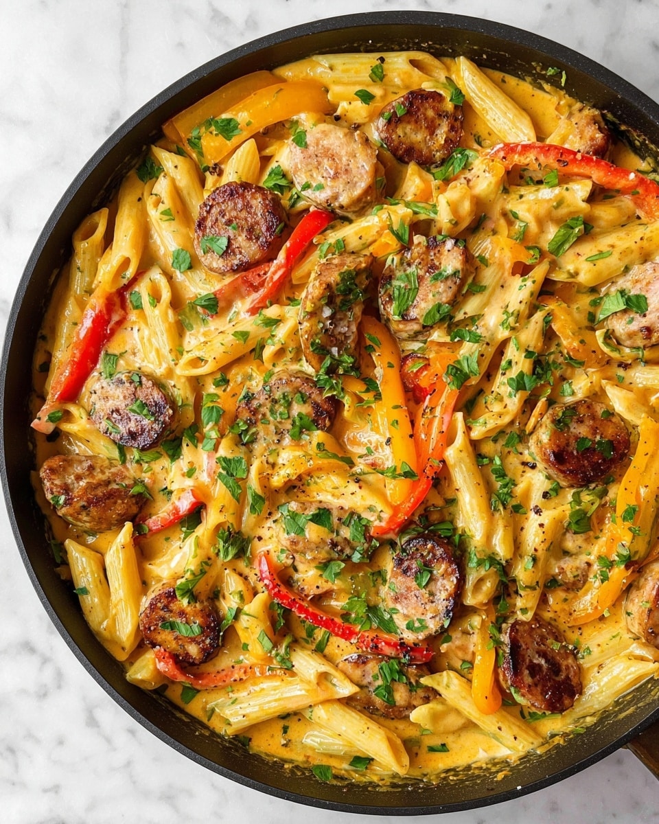 A white bowl with a brown rim holds creamy penne pasta mixed with slices of browned sausage, pieces of red and orange bell peppers, and mushrooms. The pasta is coated in a light orange sauce and sprinkled with chopped green herbs. A silver fork with a wooden handle rests on the left side of the bowl. The bowl sits on a white marbled surface with scattered green herbs and a small white bowl with red pepper flakes nearby. photo taken with an iphone --ar 4:5 --v 7