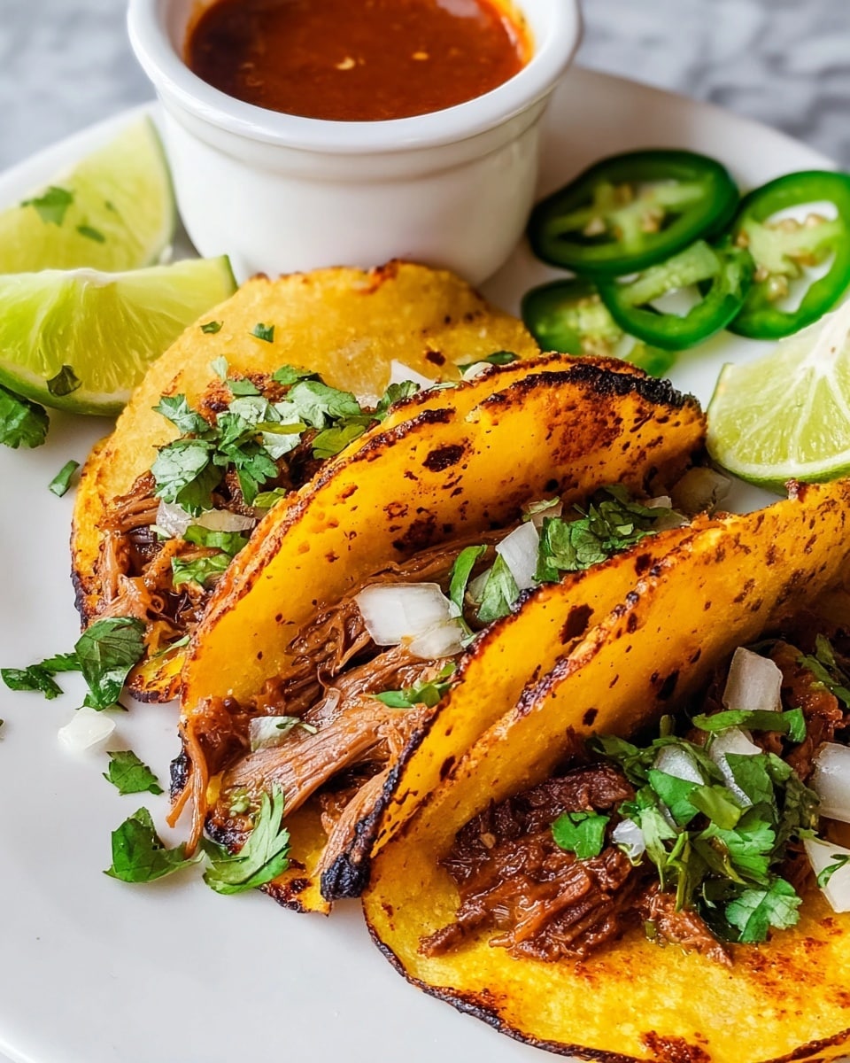 Three small yellow corn tortillas are folded and filled with shredded brown meat mixed with chopped white onions and green cilantro, scattered lightly on top as well. The tortillas have slightly charred spots, giving a textured and crispy look. On one side, there are fresh green jalapeño slices and several thick lime wedges with a pale green and white color. Behind the tacos, there is a white cup filled with a rich red sauce. The dish is arranged on a white plate, placed on a white marbled surface. Photo taken with an iphone --ar 4:5 --v 7