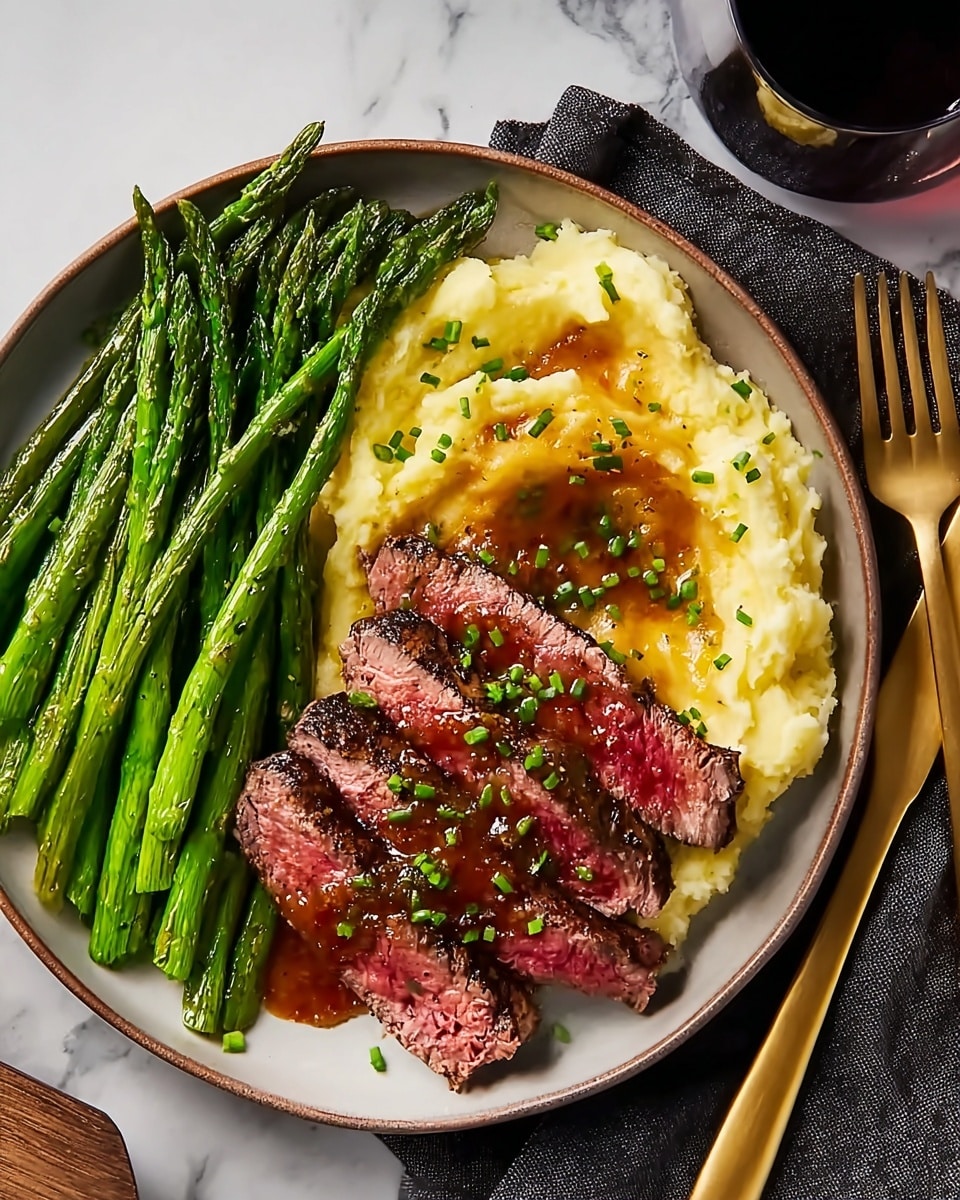 Bavette Steak with Roasted Garlic Pan Sauce and Creamy Mashed Potatoes Recipe - Recipe Image