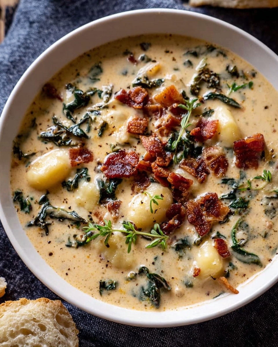 A close-up of two white bowls filled with creamy soup, each bowl showing a thick, light beige broth with visible gnocchi pieces and leafy greens mixed in. The soup is topped with small, browned bits of crispy bacon and a sprinkle of fresh green herbs. One bowl is being held by a woman's hand wearing a cream knit sweater. Next to the bowls, there is a white fluted plate with a piece of bread and some herb garnish on a white marbled surface. The overall setting gives a cozy and warm feeling. Photo taken with an iphone --ar 4:5 --v 7
