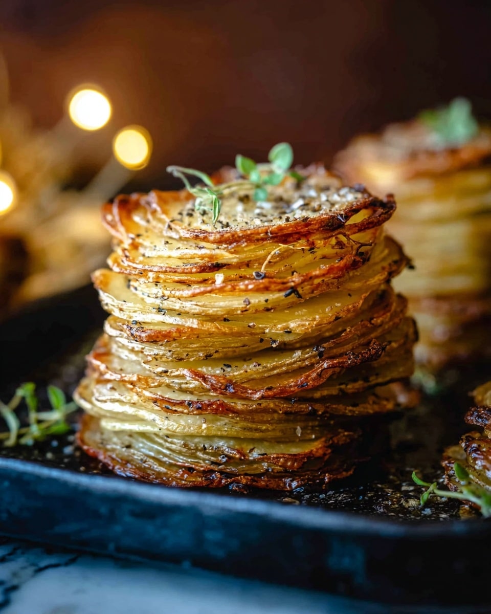 The image shows several stacks of thinly sliced potato layers, cooked to a golden brown with crispy edges and seasoned with black pepper and herbs. Each stack has many layers, tightly packed and standing upright on a dark blue baking dish. A few small green herb leaves are placed on top for garnish. The background features a soft focus with a dark warm tone, and the dish is set on a white marbled surface. photo taken with an iphone --ar 4:5 --v 7