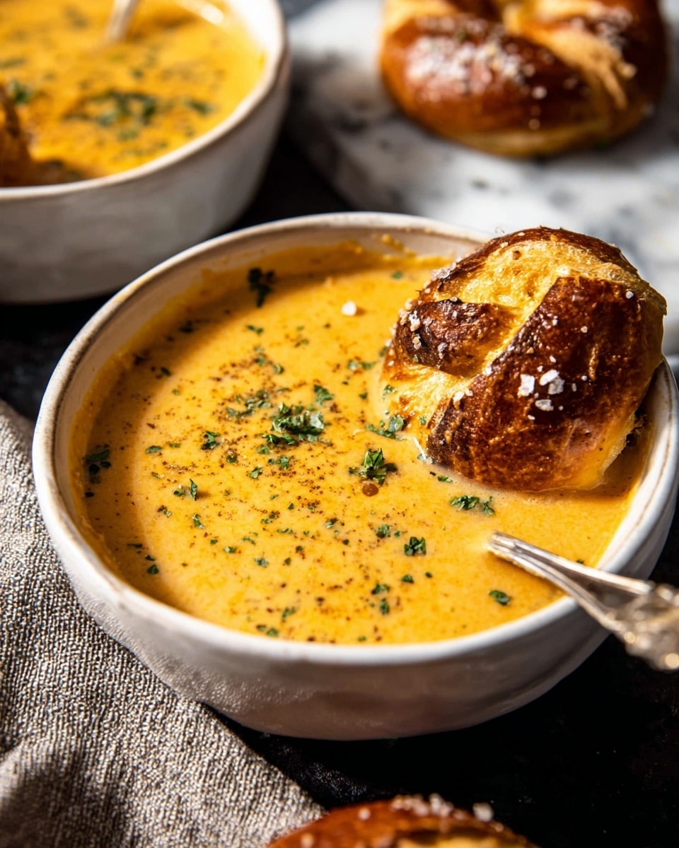 A white bowl filled with creamy, thick orange soup speckled with green herbs and small chunks, topped with a golden brown twisted bread piece sprinkled with coarse white salt resting partly inside the soup. A vintage spoon dips into the soup on the right side of the bowl. The bowl sits on a dark surface with a textured cloth nearby. In the background, there is another white bowl with the same soup and bread and a whole twisted bread piece, all set against a white marbled texture. photo taken with an iphone --ar 4:5 --v 7