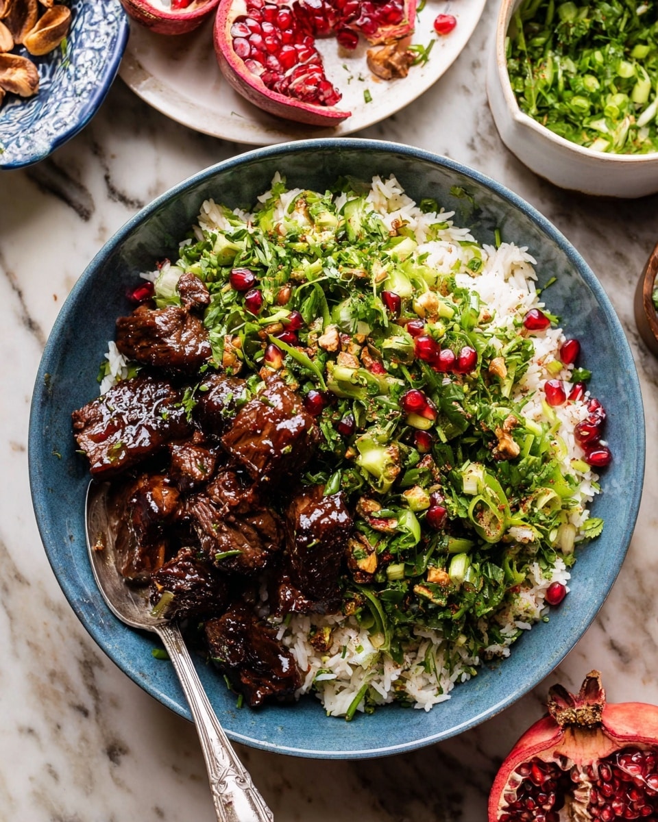 A round white plate filled with three main layers: a base of white rice, topped with dark brown glazed large meat pieces with a shiny texture, and a generous layer of chopped bright green spring onions sprinkled on top. Bright red pomegranate seeds are scattered over the rice and meat, adding vibrant contrast. The plate sits on a white marbled surface with a small white bowl of green herbs and spices nearby, and a fork rests in the dish. Photo taken with an iphone --ar 4:5 --v 7